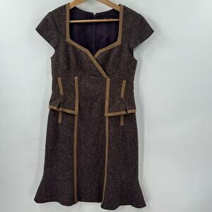Nanette Lepore tan and purple tender night wool fitted office siren dress